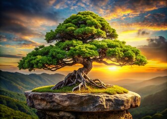 Fototapeta premium Lush Bonsai Tree on Rock PNG - High-Resolution Landscape Photography