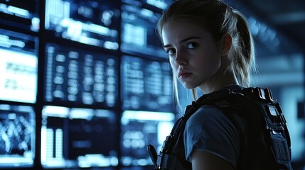 Focused young woman in tactical gear, analyzing data in a high-tech environment.