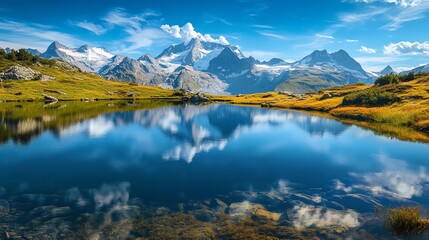 Obraz premium Stunning mountain landscape reflected in a serene lake.