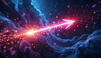  a glowing neon arrow shooting across a surreal, abstract space filled with energy waves and geometric shapes.