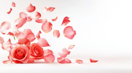 Fototapeta premium A high-quality photo of red rose petals floating through the air against a pure white background, filling the screen with delicate, romantic energy.