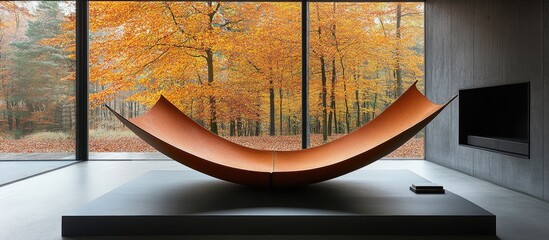 Modern curved sculpture in minimalist room with autumnal forest view.