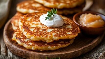 Potato pancakes served with a dollop of sour cream and a side of applesauce, arranged on a small wooden platter