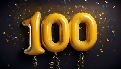 Yellow birthday / anniversary balloon, number 100, black background with confetti