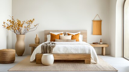 A serene rustic bedroom with a wooden bedframe, layered quilts, and soft pillows, surrounded by warm-toned decor and natural textures.