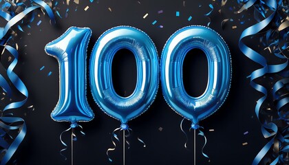 Blue birthday / anniversary balloon, number 100, black background with confetti