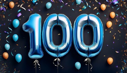 Blue birthday / anniversary balloon, number 100, black background with confetti