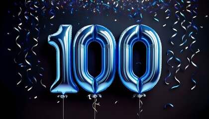 Blue birthday / anniversary balloon, number 100, black background with confetti