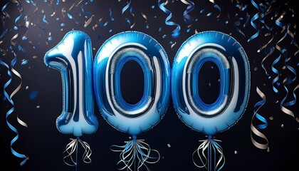 Blue birthday / anniversary balloon, number 100, black background with confetti
