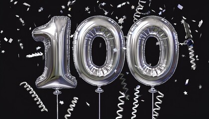 Silver birthday / anniversary balloon, number 100, black background with confetti
