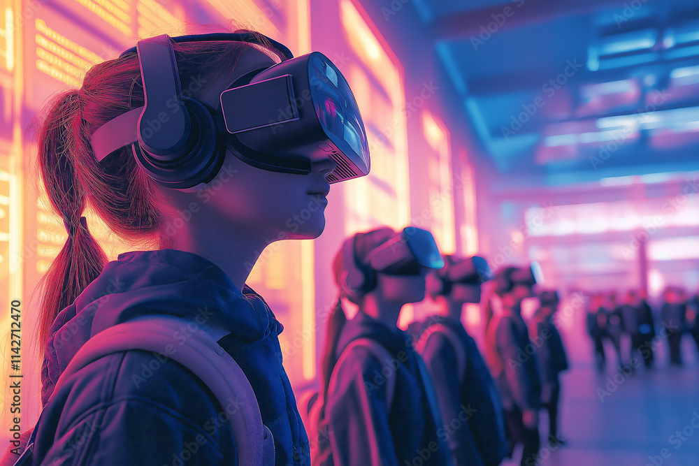 Poster young students engaged in immersive stem learning using virtual reality technology. generative ai