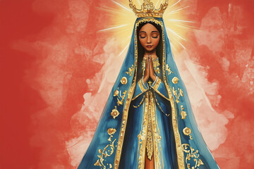 Mary, mother of Jesus, envisioned as an African saint in prayer. Nossa Senhora Aparecida, with golden crown and blue robe, iconic to Brazil.