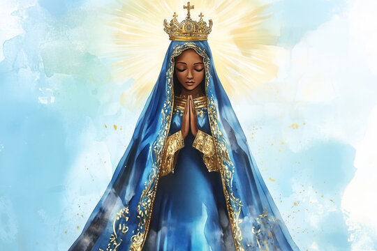 Mary, mother of Jesus, celebrated as an African saint in prayer. Golden crown, blue robe. Nossa Senhora Aparecida, Catholic Brazilian figure.