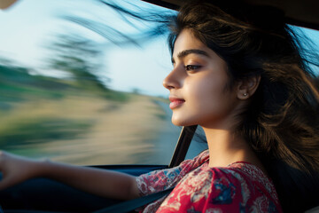 Driving freedom and joy in her first car on a sunny day. Generative AI