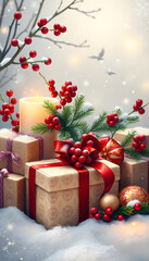 Decorating Christmas presents with winter berries, digital art. isolated with white highlights