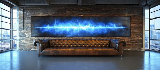Modern loft interior with leather sofa and abstract soundwave art.