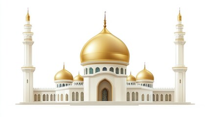 Fototapeta premium Majestic white mosque with golden domes and minarets on white background.