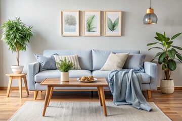 Cozy living room interior, Scandinavian design, light blue sofa, wooden coffee table, potted plants, botanical wall art, pendant light, white brick wall, natural light, minimalist decor, throw blanket