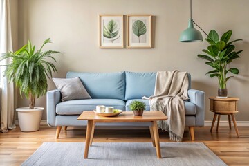 Cozy living room interior, mid-century modern style, light blue sofa, wooden coffee table, potted plants, botanical prints on wall, teal pendant lamp, beige textured wallpaper, natural light, minimali