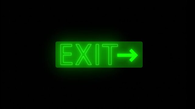 Green exit sign glows against a dark background. EXIT accompanied danger directional arrow pointing right. direction, safety, warning guidance, often associated with emergency. Emergency fire exit