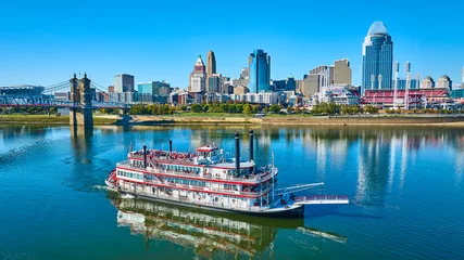 Aerial of Cincinnati Riverboat and Skyline on Ohio River