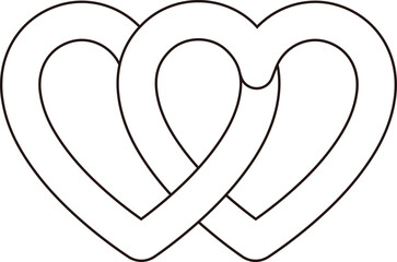 Two linked hearts outline.
Locked linked love heart shape outline.
Two hearts together vector.
For celebrating Valentine's Day or wedding.
Transparent background.