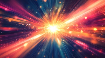 Naklejka premium Vibrant light explosion with colorful rays and cosmic sparkles.