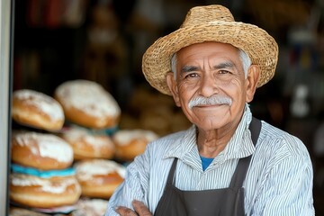 Elderly man in a straw hat smiles proudly in front of freshly baked bread at a local bakery in the morning sunshine showcasing his years of dedication to baking and community