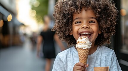 Joyful child enjoying ice cream in a vibrant city street on a sunny day surrounded by blurred pedestrians
