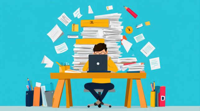 Student overwhelmed by papers and assignments classroom illustration digital space close-up onus of education