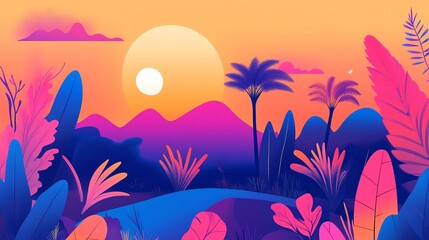 Fototapeta na wymiar Vibrant sunset over mountains and tropical foliage in bold colors.