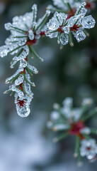 winter macro photo spruce branch in ice crystals, with space for text, retro style. isolated with white highlights