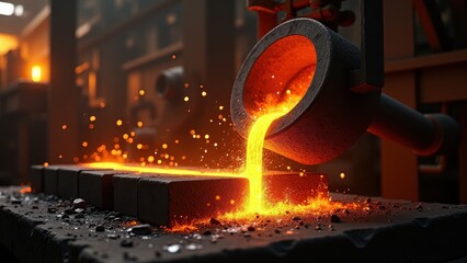 Molten Metal Pouring In Foundry Industry Setting with Bright Glowing Sparks