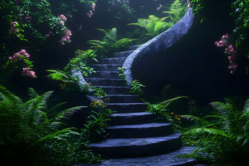 Lush Jungle Stone Staircase Ascending, Mysterious Background, Fantasy Game Design.