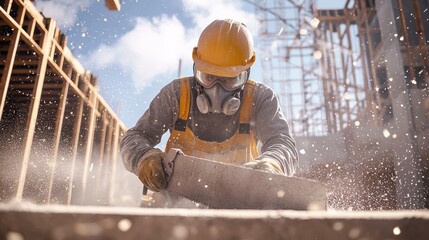 Worker Cutting Concrete with Dust Mask and Safety Gear