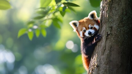 Fototapeta premium Adorable Red Panda Cub Playfully Climbing a Tree in a Lush Forest Environment Surrounded by Greenery and Sunlight Creating a Joyful Atmosphere