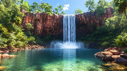 Majestic Waterfall Plunges into Lush Tropical Pool,  Kimberley Region, Australia; Travel Brochure.