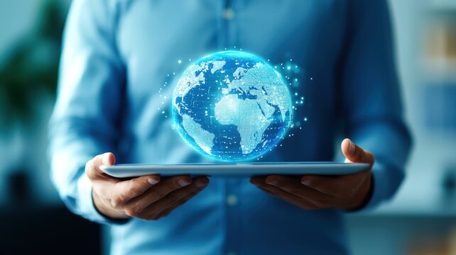A student holding a laptop with holographic projections of global cities and career opportunities, symbolizing international work-study programs.