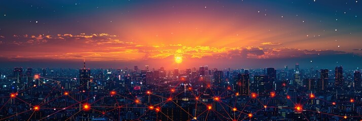 Sunset over a cityscape with a network overlay, symbolizing connectivity and technology.
