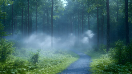 Fototapeta premium Misty Forest Path Tranquil morning walk through pine trees, fog swirls, nature background, ideal for wellness or travel.