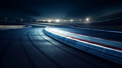 Curved racing track illuminated by night lights showcasing a dynamic motorsport atmosphere