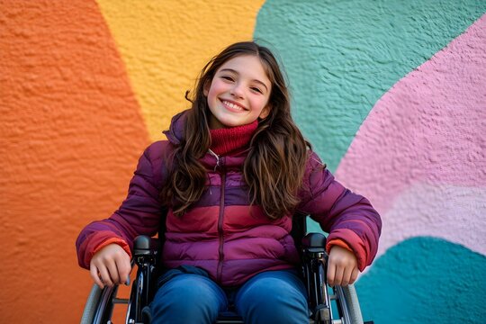 Young girl in wheelchair smiling in front of colorful mural on a sunny day