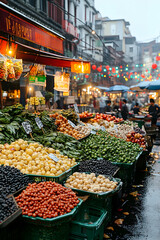 Fototapeta premium Rainy Day Produce Market Street Scene, Asian City, Food Shopping, Culinary Background, Stock Photo.