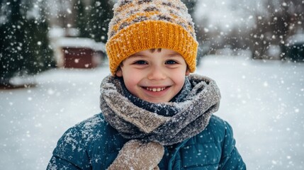 A smiling boy in a snowy landscape, wearing a colorful hat and scarf.