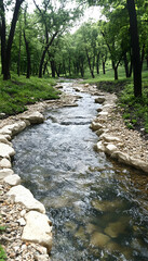 Serene creek flowing through lush green forest, tranquil nature scene, perfect for relaxation and travel brochures.