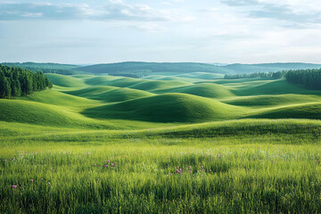 Obraz premium Serene rolling green hills landscape, sunrise, wildflowers, forest backdrop, nature travel poster.