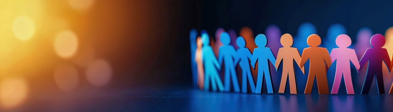 Colorful paper cutouts of people holding hands, symbolizing unity, diversity, and togetherness in modern society.