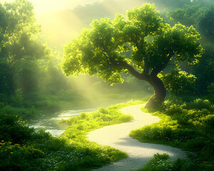 Obraz premium Serene sunrise path winding beside river through lush forest, ideal for tranquility, nature, and wellness themes.