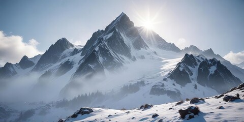 Snow-covered mountain with sparkle in the snow and misty atmosphere, peaceful mountain range , frozen summit