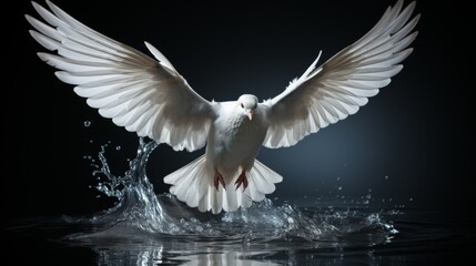 White dove taking flight from water, showcasing elegance and freedom in a dramatic, dark setting